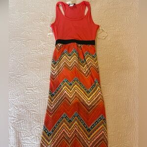 Sleeveless Red Chevron Maxi Dress with Patterned Skirt